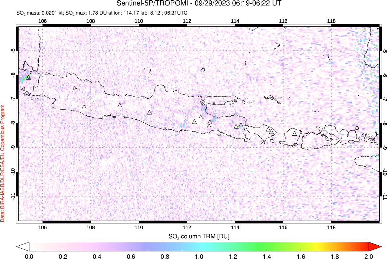 A sulfur dioxide image over Java, Indonesia on Sep 29, 2023.