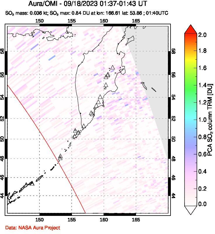 A sulfur dioxide image over Kamchatka, Russian Federation on Sep 18, 2023.