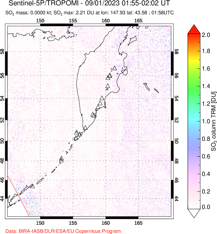 A sulfur dioxide image over Kamchatka, Russian Federation on Sep 01, 2023.