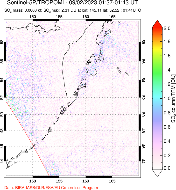 A sulfur dioxide image over Kamchatka, Russian Federation on Sep 02, 2023.