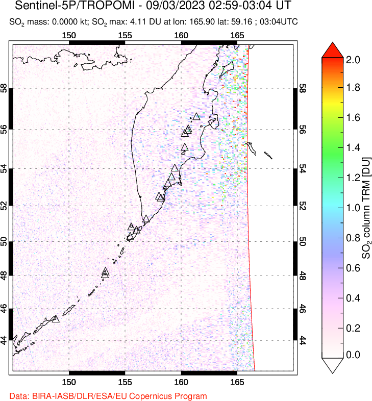 A sulfur dioxide image over Kamchatka, Russian Federation on Sep 03, 2023.