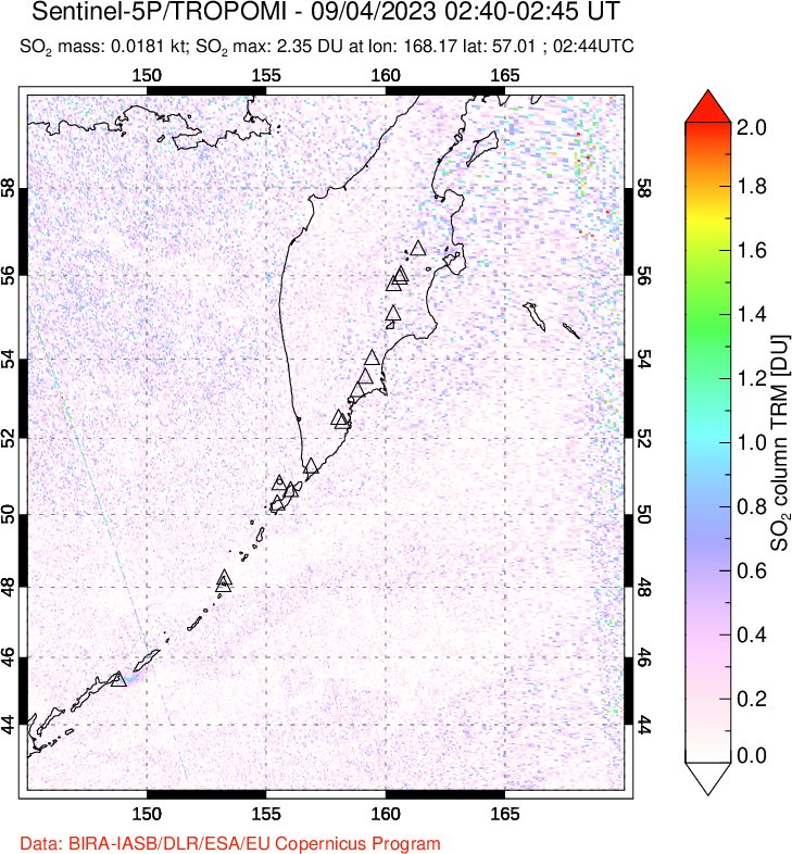 A sulfur dioxide image over Kamchatka, Russian Federation on Sep 04, 2023.