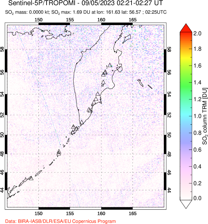 A sulfur dioxide image over Kamchatka, Russian Federation on Sep 05, 2023.