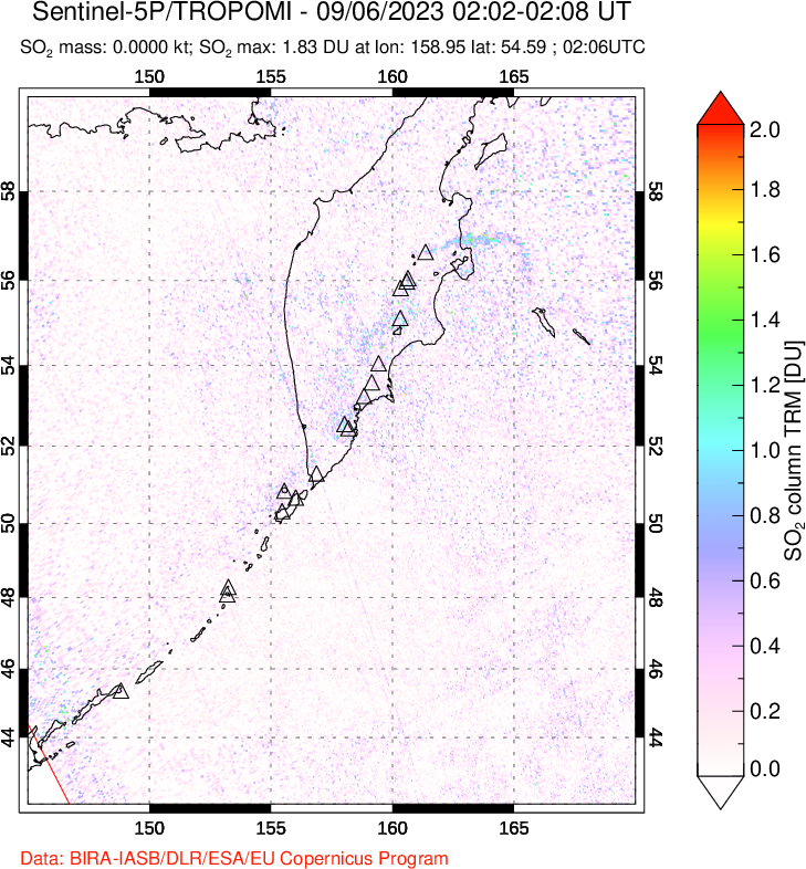 A sulfur dioxide image over Kamchatka, Russian Federation on Sep 06, 2023.