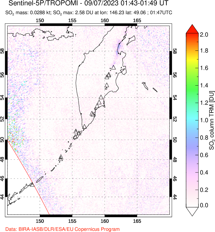 A sulfur dioxide image over Kamchatka, Russian Federation on Sep 07, 2023.