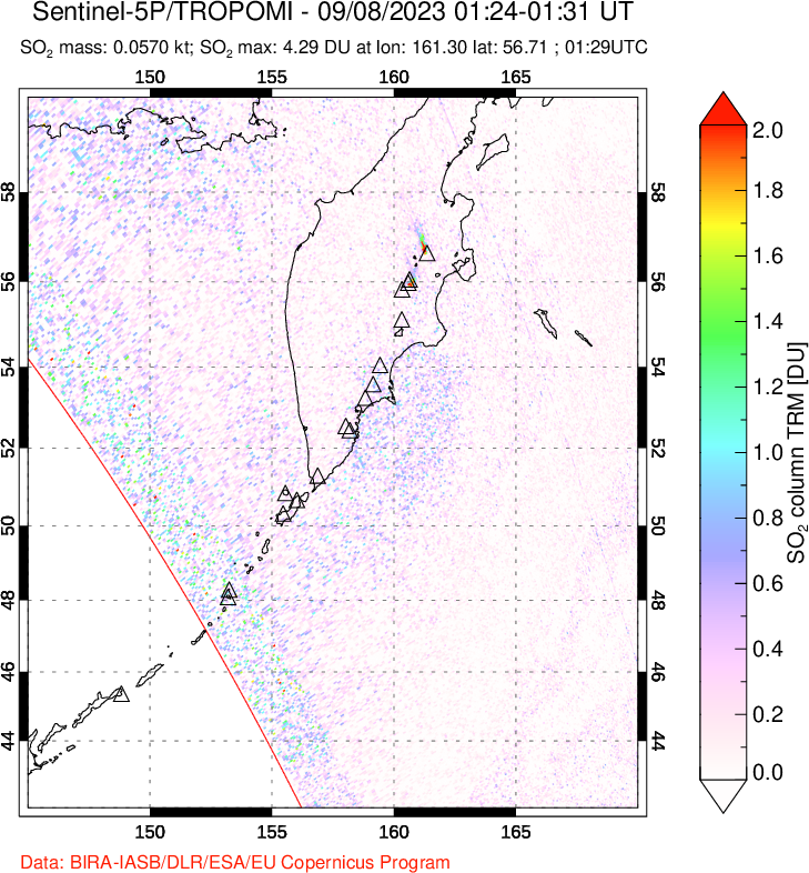 A sulfur dioxide image over Kamchatka, Russian Federation on Sep 08, 2023.