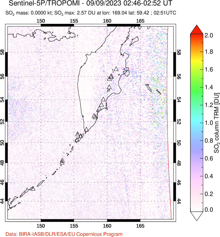 A sulfur dioxide image over Kamchatka, Russian Federation on Sep 09, 2023.