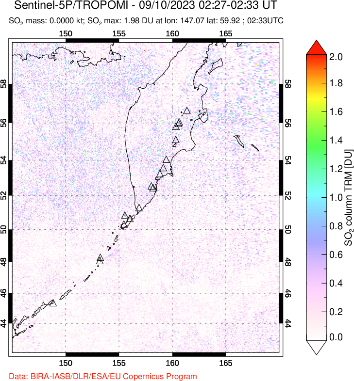 A sulfur dioxide image over Kamchatka, Russian Federation on Sep 10, 2023.