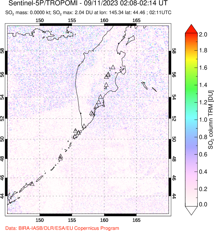 A sulfur dioxide image over Kamchatka, Russian Federation on Sep 11, 2023.