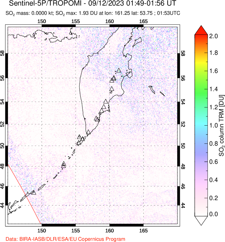 A sulfur dioxide image over Kamchatka, Russian Federation on Sep 12, 2023.