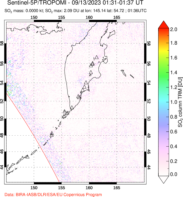 A sulfur dioxide image over Kamchatka, Russian Federation on Sep 13, 2023.