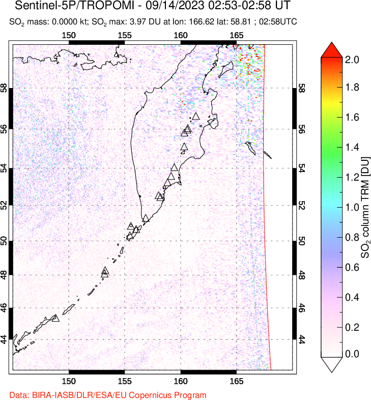 A sulfur dioxide image over Kamchatka, Russian Federation on Sep 14, 2023.