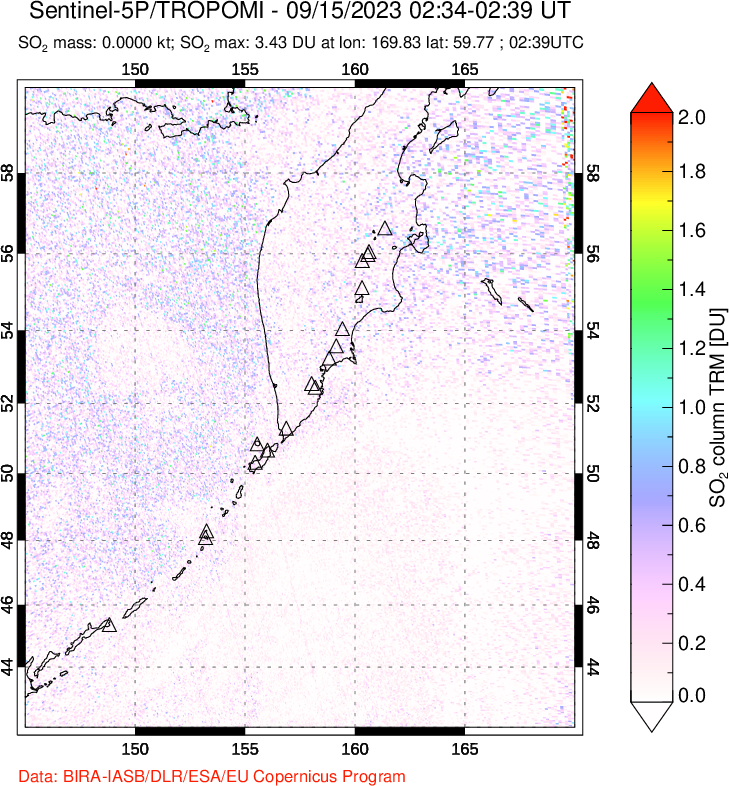 A sulfur dioxide image over Kamchatka, Russian Federation on Sep 15, 2023.