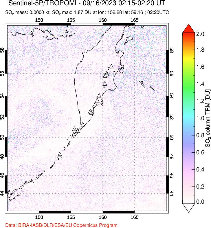 A sulfur dioxide image over Kamchatka, Russian Federation on Sep 16, 2023.