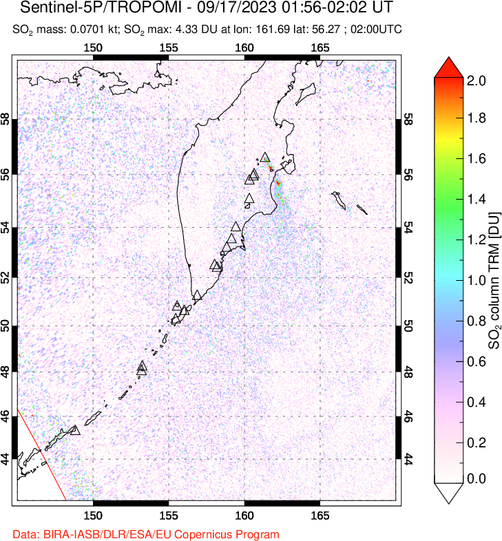 A sulfur dioxide image over Kamchatka, Russian Federation on Sep 17, 2023.