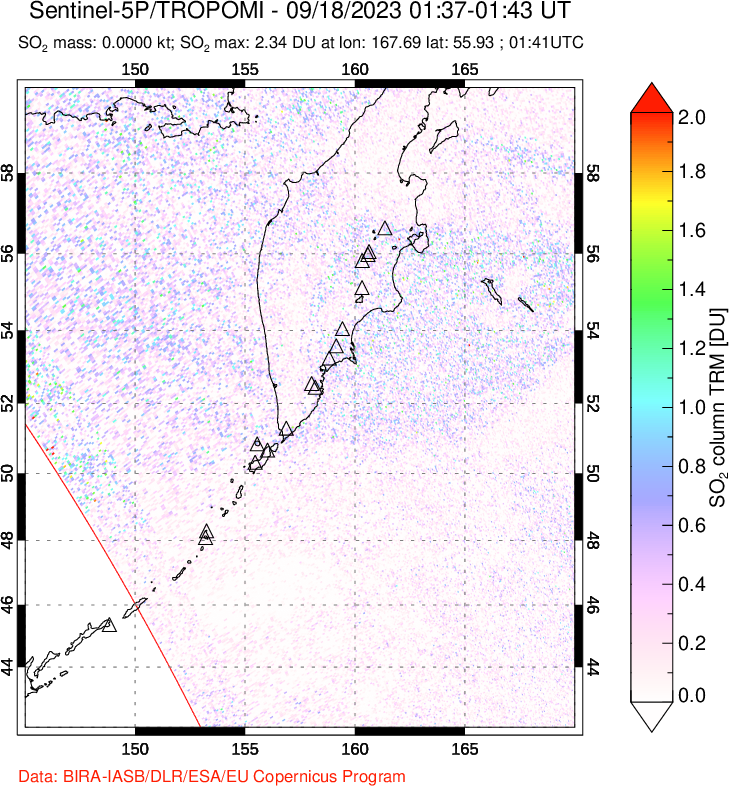 A sulfur dioxide image over Kamchatka, Russian Federation on Sep 18, 2023.