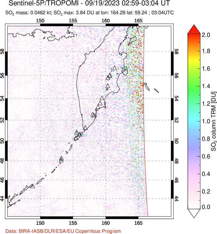 A sulfur dioxide image over Kamchatka, Russian Federation on Sep 19, 2023.