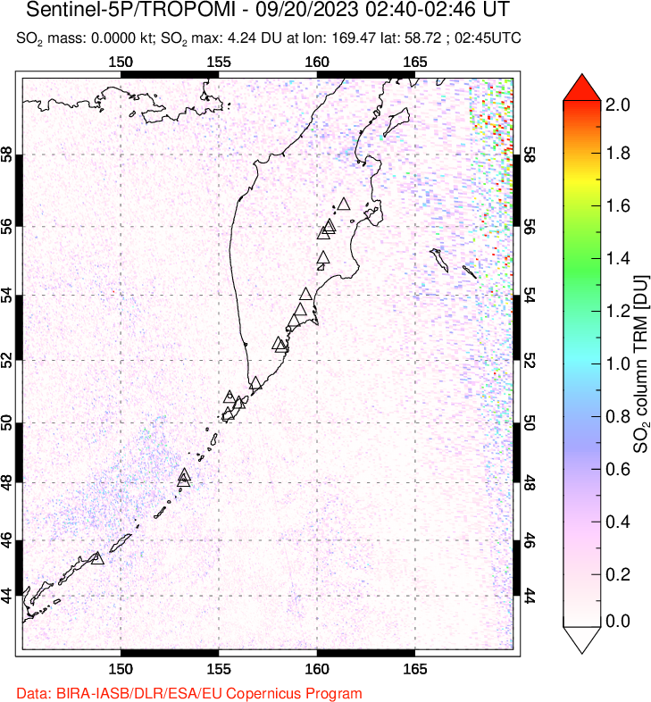 A sulfur dioxide image over Kamchatka, Russian Federation on Sep 20, 2023.