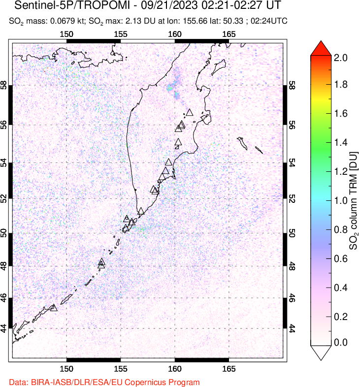 A sulfur dioxide image over Kamchatka, Russian Federation on Sep 21, 2023.