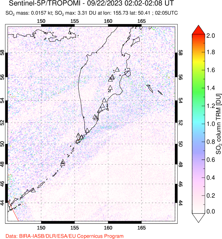 A sulfur dioxide image over Kamchatka, Russian Federation on Sep 22, 2023.