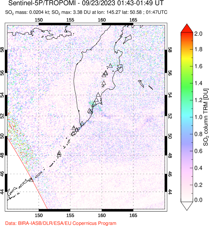 A sulfur dioxide image over Kamchatka, Russian Federation on Sep 23, 2023.