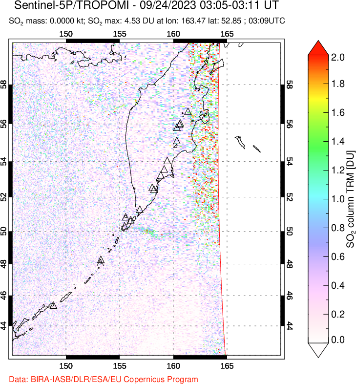 A sulfur dioxide image over Kamchatka, Russian Federation on Sep 24, 2023.