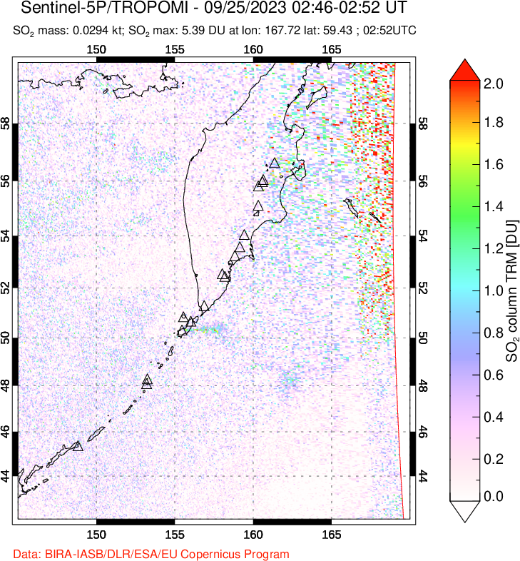 A sulfur dioxide image over Kamchatka, Russian Federation on Sep 25, 2023.