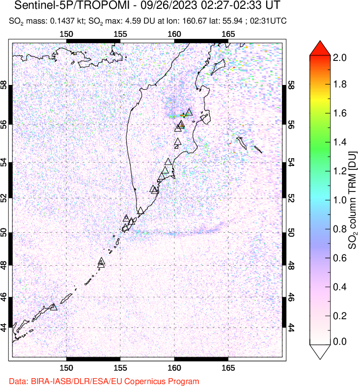 A sulfur dioxide image over Kamchatka, Russian Federation on Sep 26, 2023.