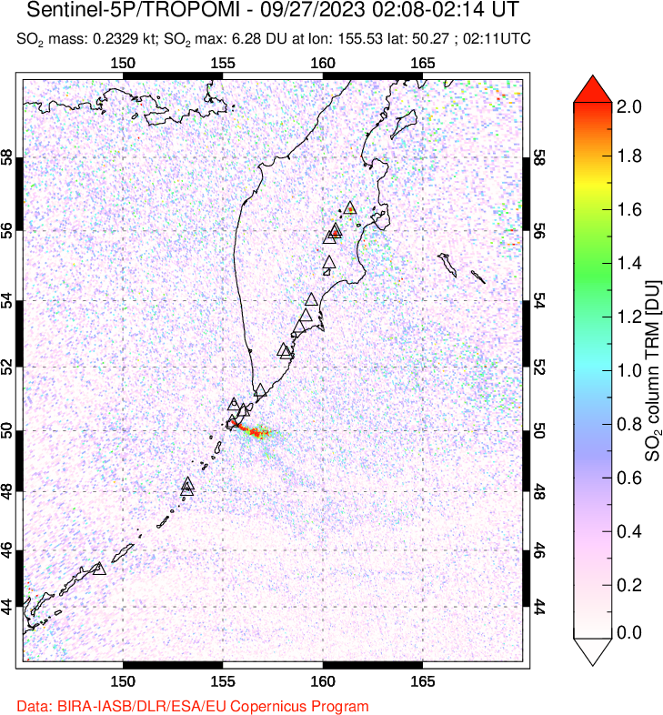 A sulfur dioxide image over Kamchatka, Russian Federation on Sep 27, 2023.