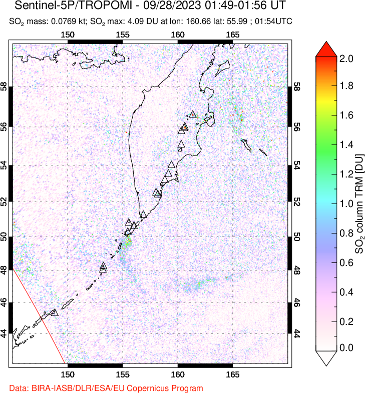 A sulfur dioxide image over Kamchatka, Russian Federation on Sep 28, 2023.