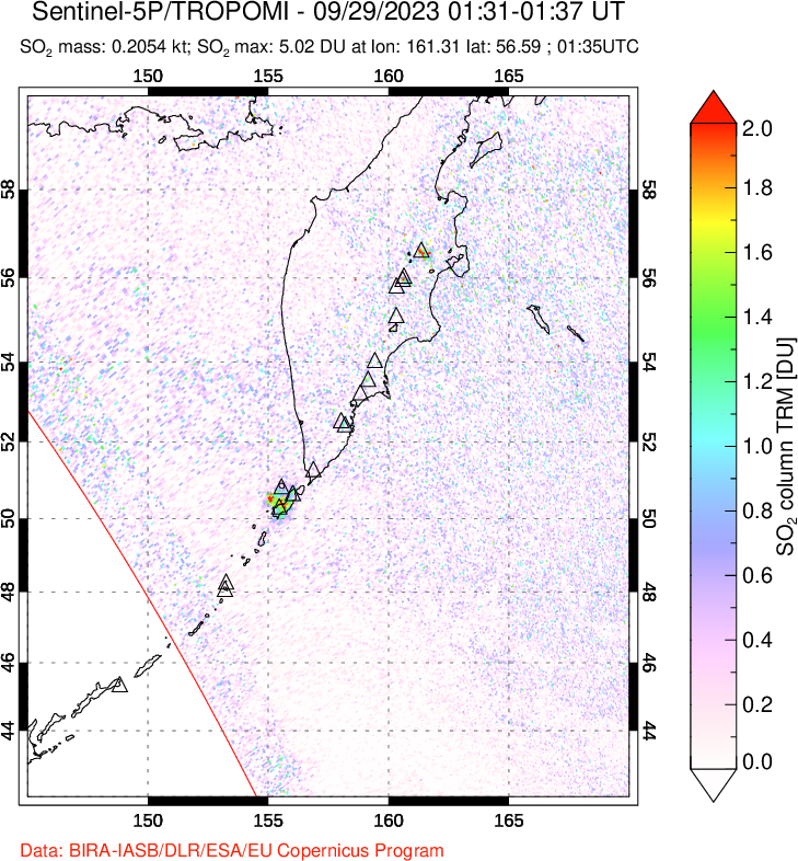 A sulfur dioxide image over Kamchatka, Russian Federation on Sep 29, 2023.