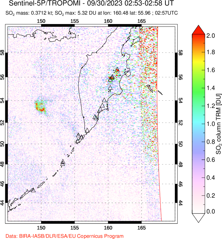 A sulfur dioxide image over Kamchatka, Russian Federation on Sep 30, 2023.