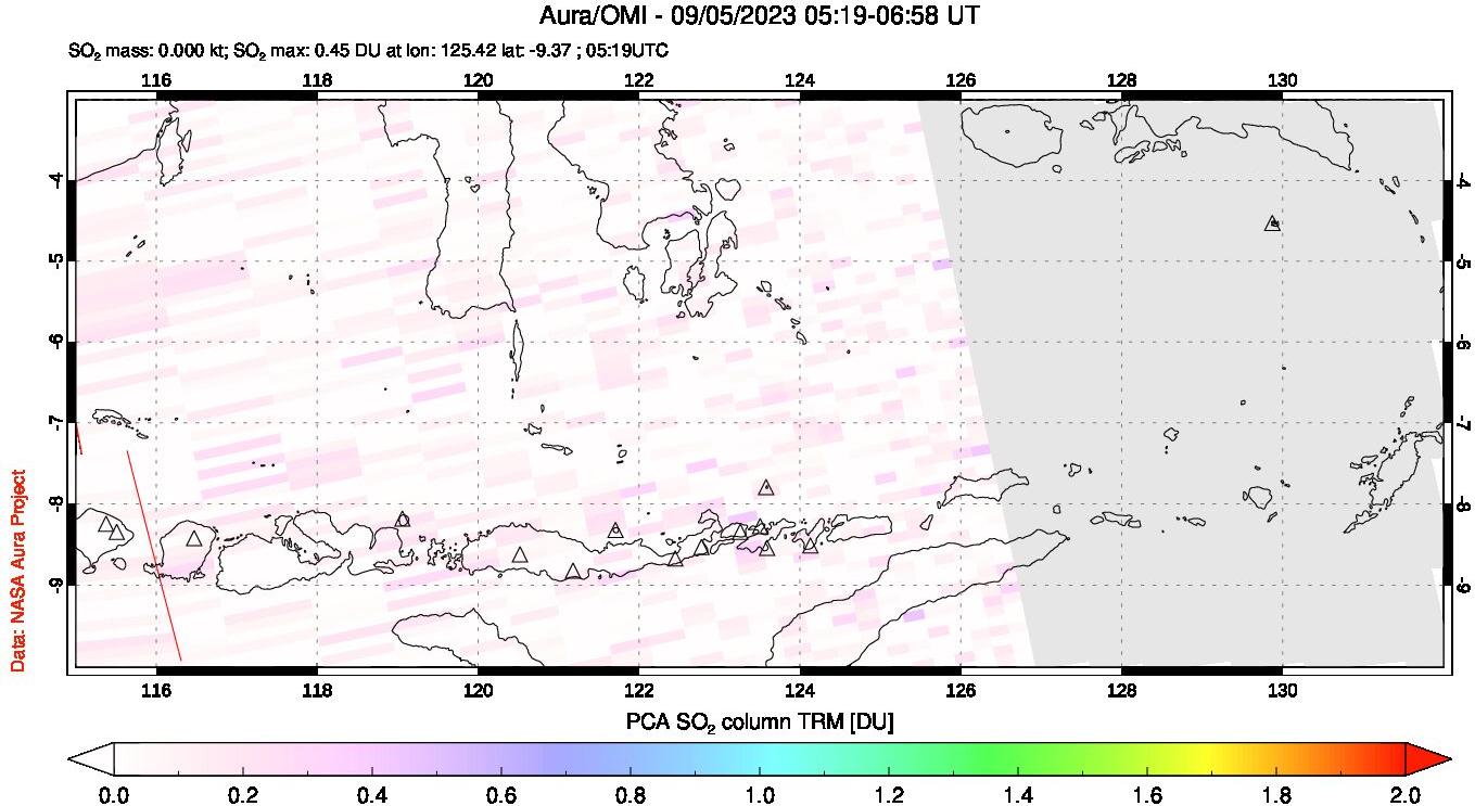 A sulfur dioxide image over Lesser Sunda Islands, Indonesia on Sep 05, 2023.