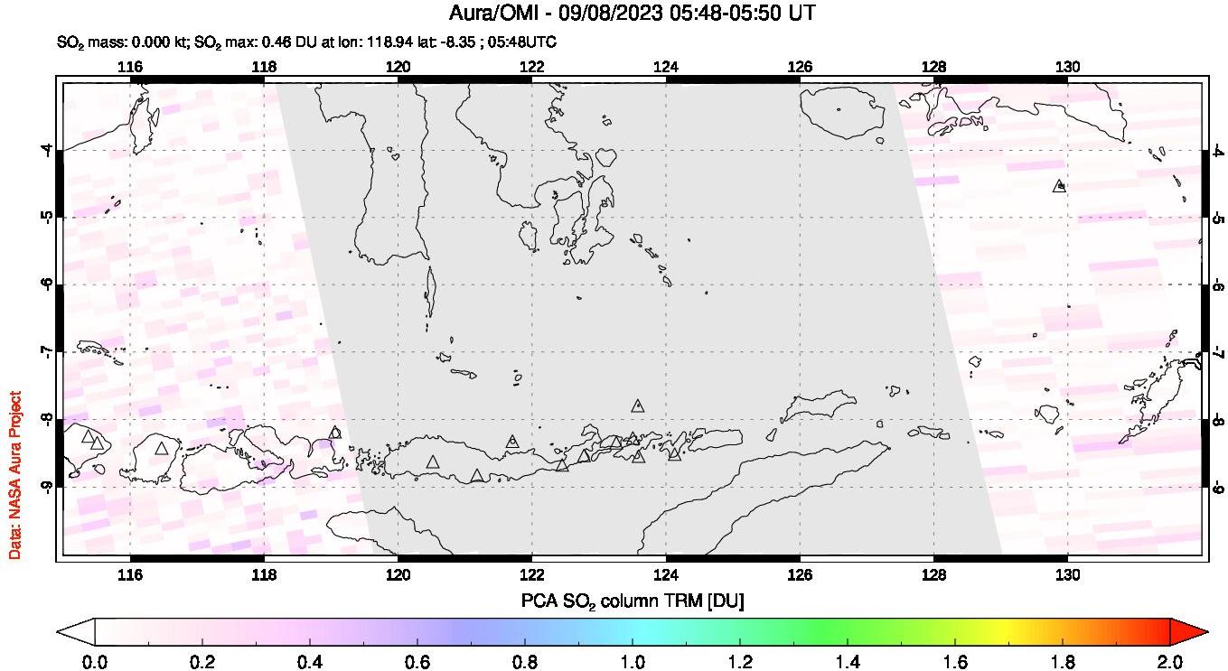 A sulfur dioxide image over Lesser Sunda Islands, Indonesia on Sep 08, 2023.