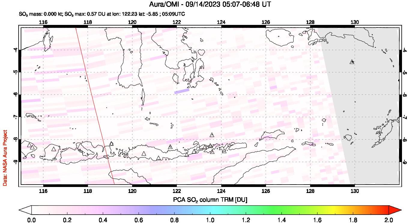 A sulfur dioxide image over Lesser Sunda Islands, Indonesia on Sep 14, 2023.