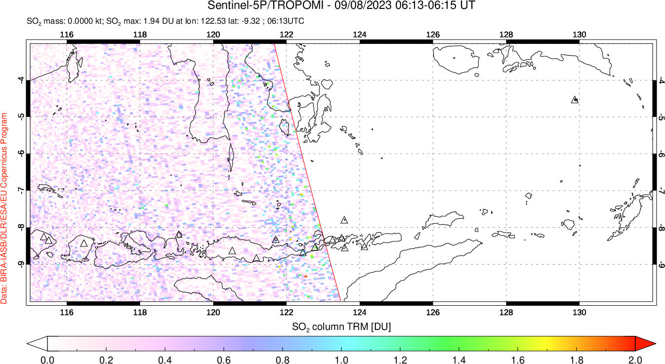 A sulfur dioxide image over Lesser Sunda Islands, Indonesia on Sep 08, 2023.
