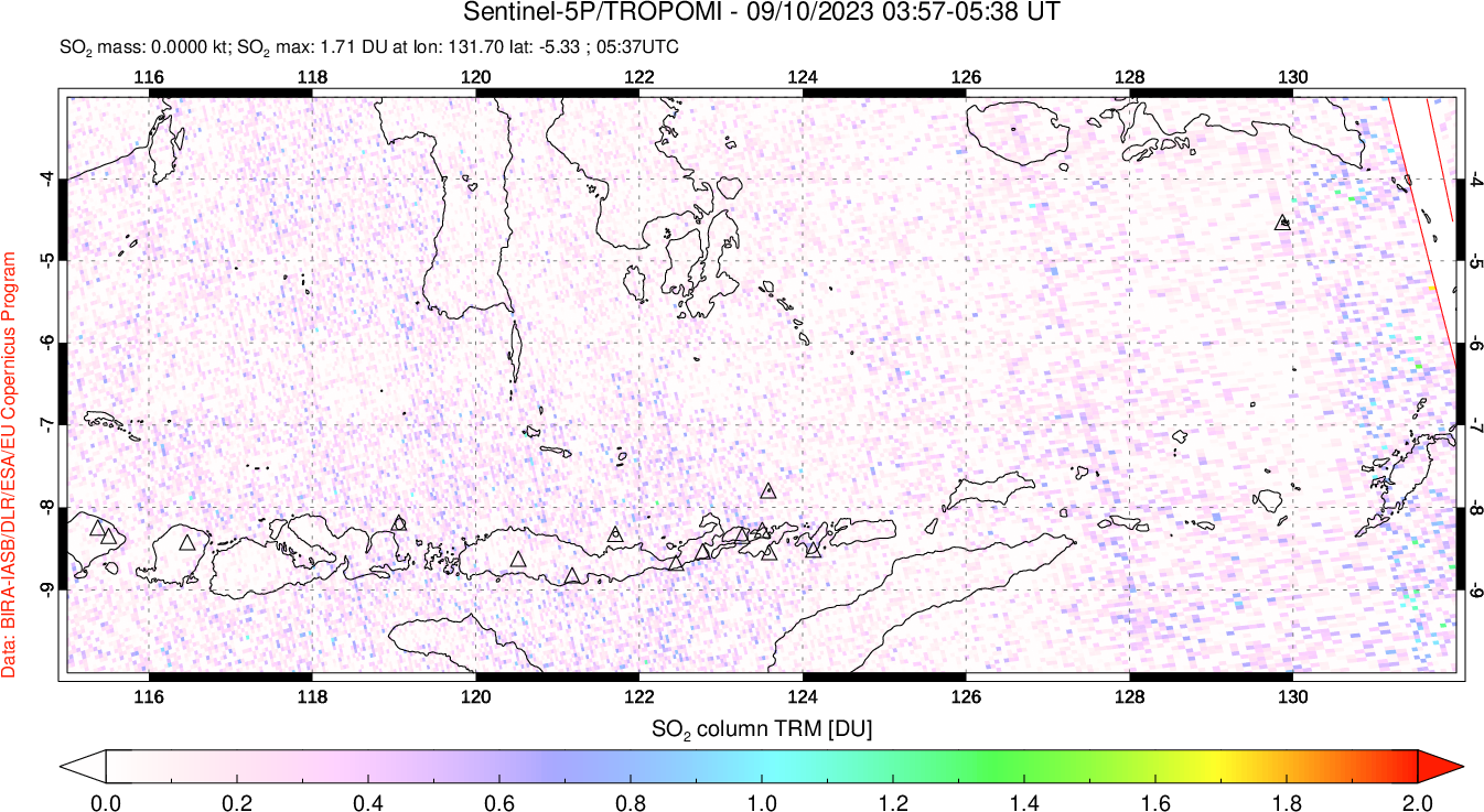 A sulfur dioxide image over Lesser Sunda Islands, Indonesia on Sep 10, 2023.