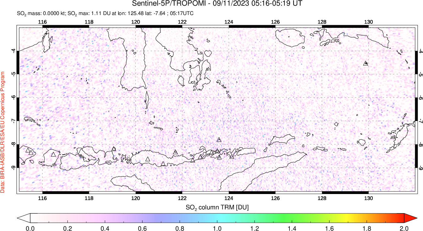 A sulfur dioxide image over Lesser Sunda Islands, Indonesia on Sep 11, 2023.