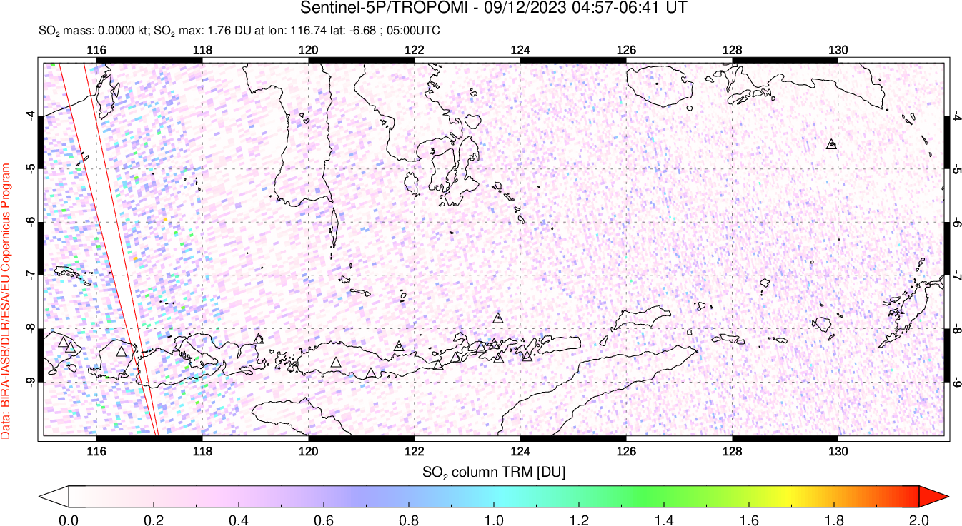 A sulfur dioxide image over Lesser Sunda Islands, Indonesia on Sep 12, 2023.