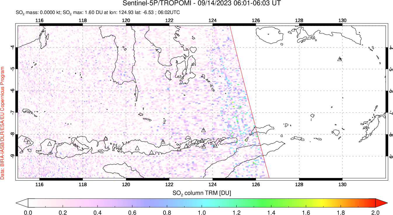 A sulfur dioxide image over Lesser Sunda Islands, Indonesia on Sep 14, 2023.