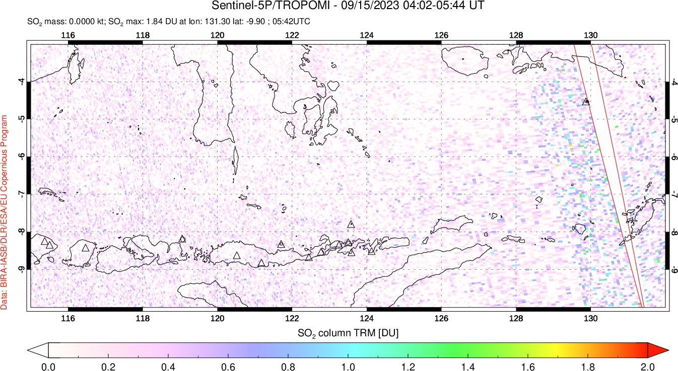 A sulfur dioxide image over Lesser Sunda Islands, Indonesia on Sep 15, 2023.