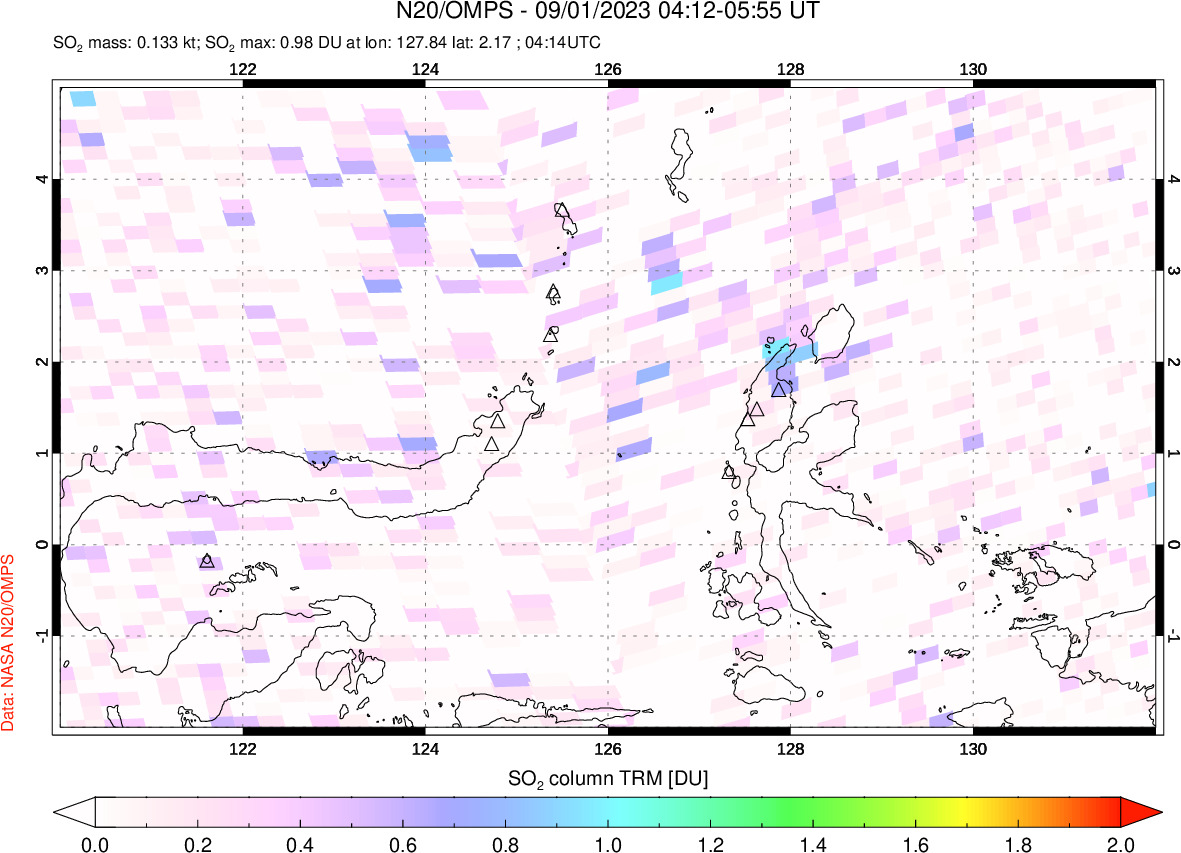 A sulfur dioxide image over Northern Sulawesi & Halmahera, Indonesia on Sep 01, 2023.