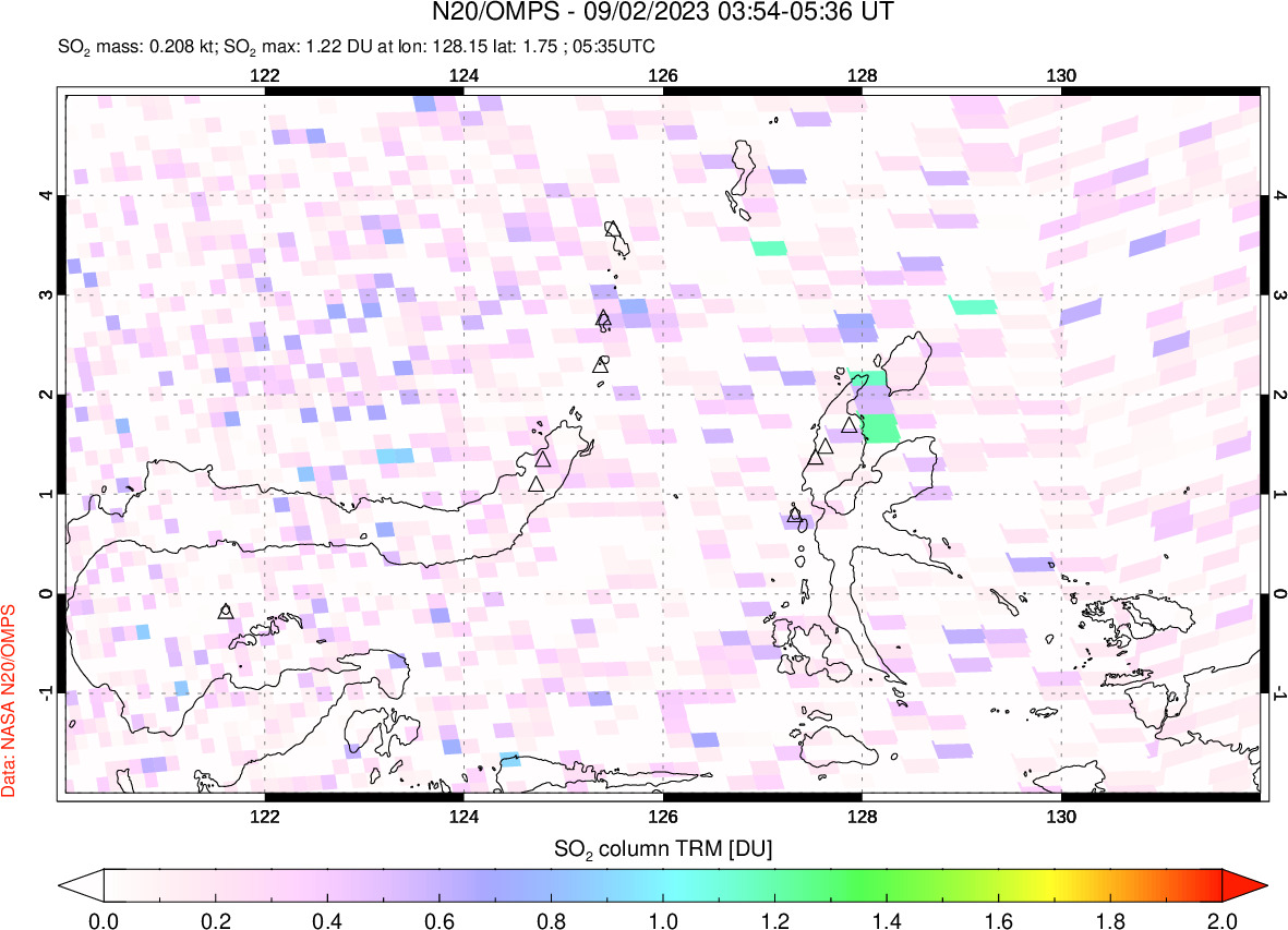 A sulfur dioxide image over Northern Sulawesi & Halmahera, Indonesia on Sep 02, 2023.