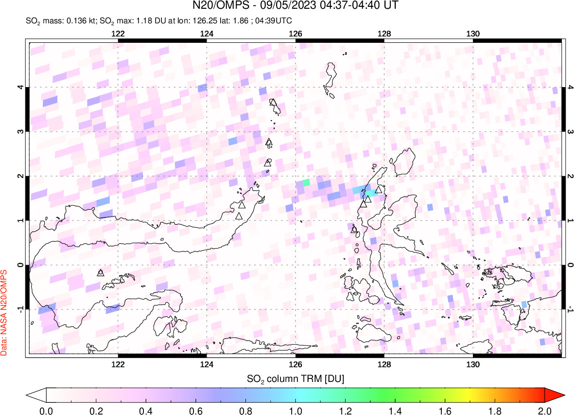 A sulfur dioxide image over Northern Sulawesi & Halmahera, Indonesia on Sep 05, 2023.