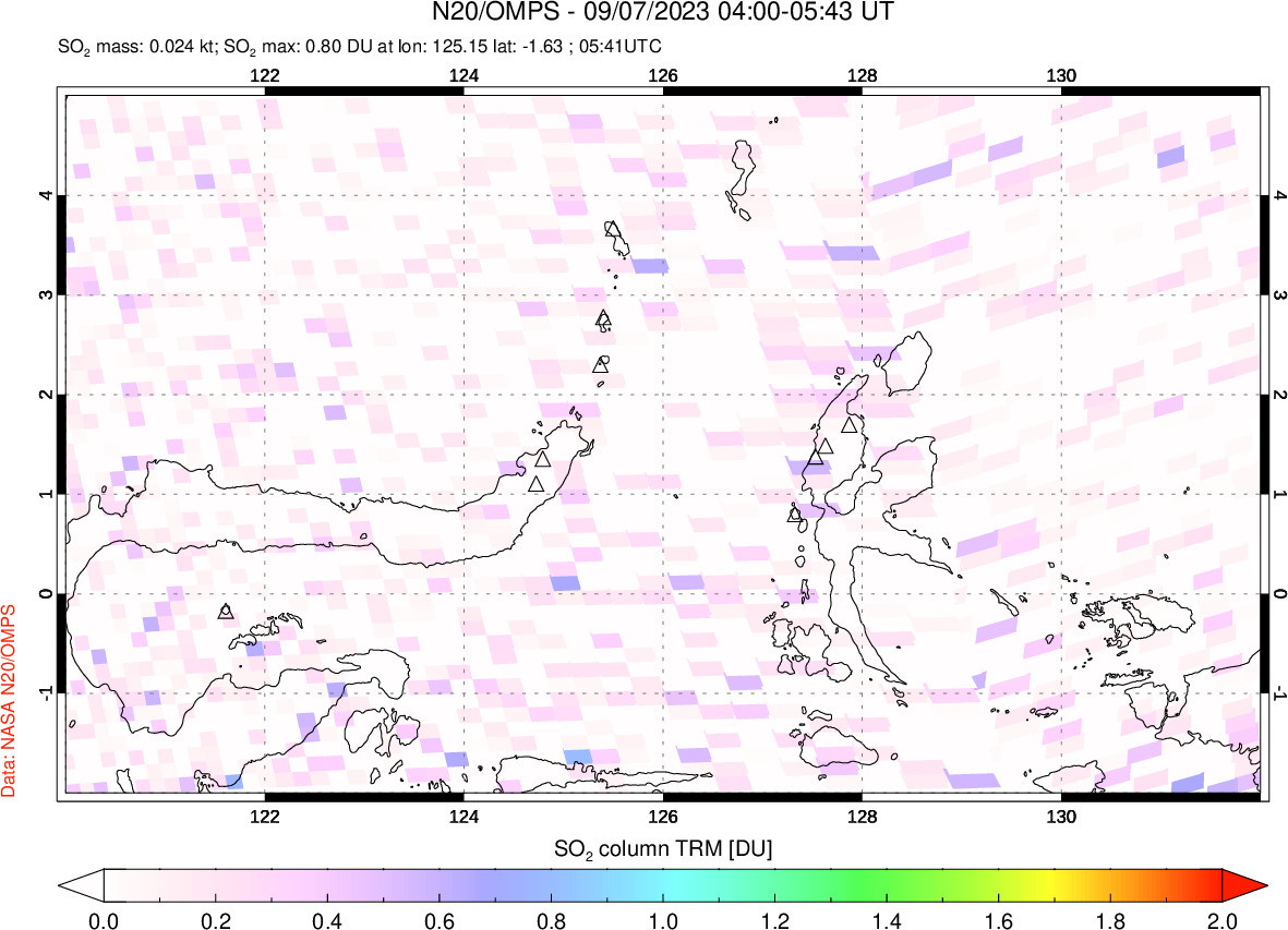 A sulfur dioxide image over Northern Sulawesi & Halmahera, Indonesia on Sep 07, 2023.