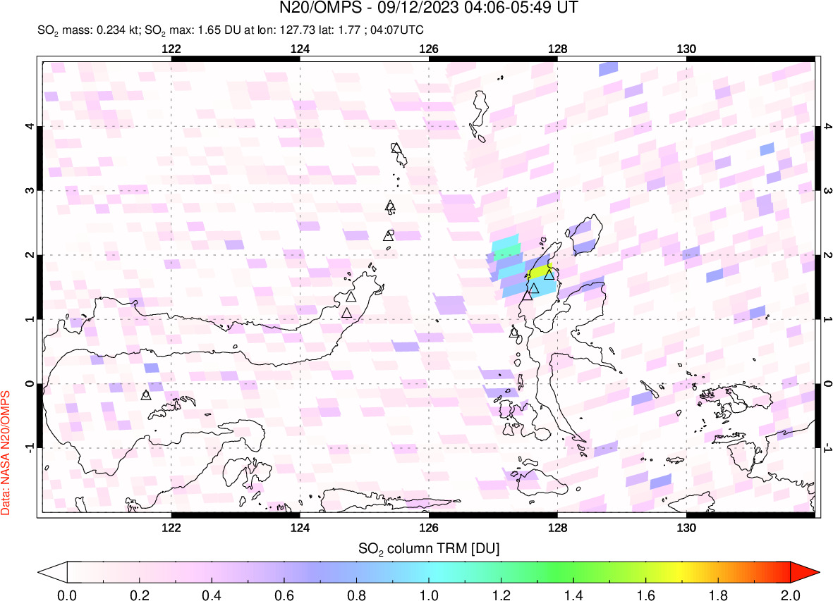 A sulfur dioxide image over Northern Sulawesi & Halmahera, Indonesia on Sep 12, 2023.