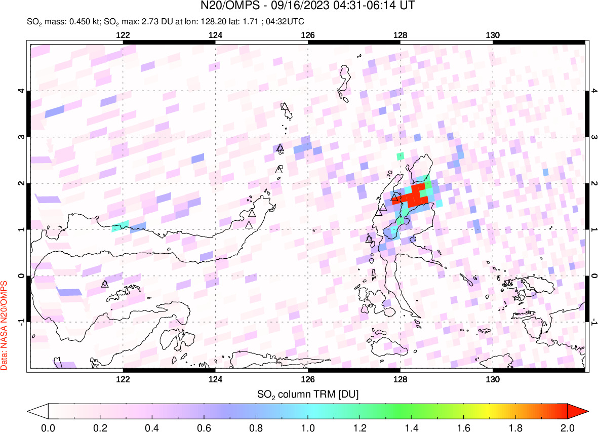 A sulfur dioxide image over Northern Sulawesi & Halmahera, Indonesia on Sep 16, 2023.