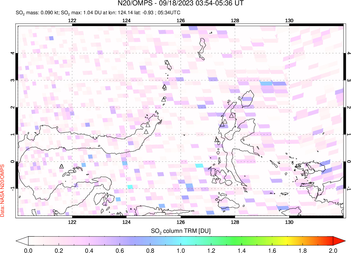 A sulfur dioxide image over Northern Sulawesi & Halmahera, Indonesia on Sep 18, 2023.