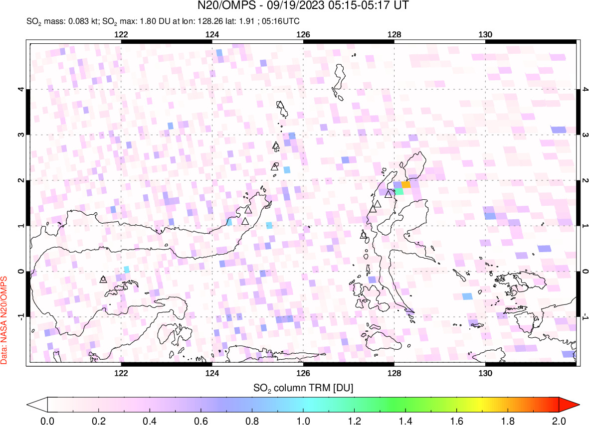 A sulfur dioxide image over Northern Sulawesi & Halmahera, Indonesia on Sep 19, 2023.