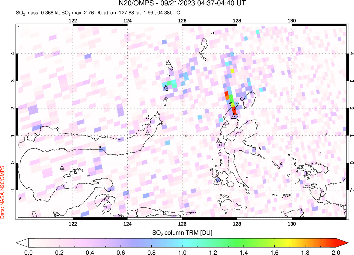 A sulfur dioxide image over Northern Sulawesi & Halmahera, Indonesia on Sep 21, 2023.